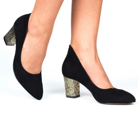 Black Suede High Shoes with Gold Heel Detail - Picture 1 of 8